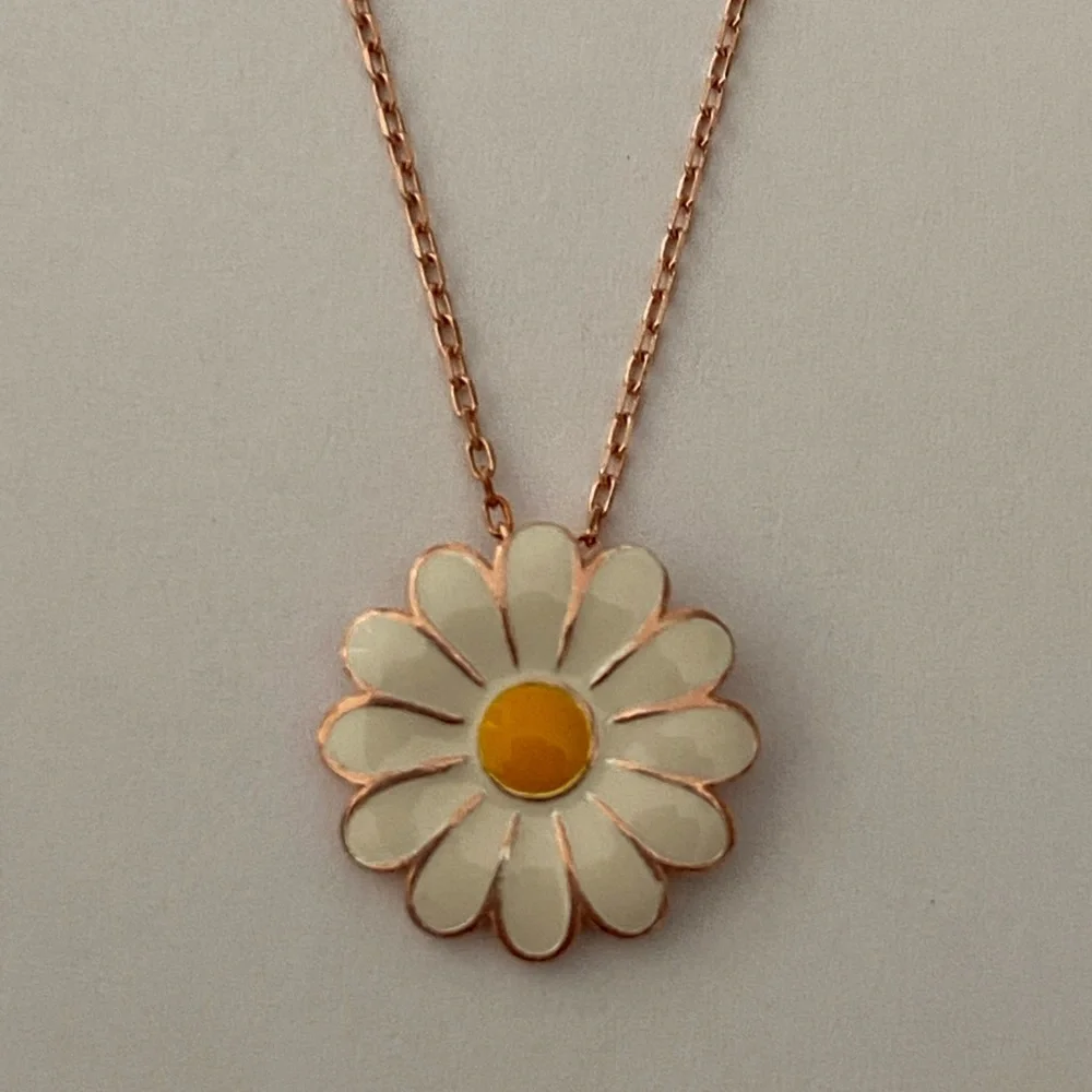 925 Silver daisy handmade enamel necklace 14k rose gold plated
